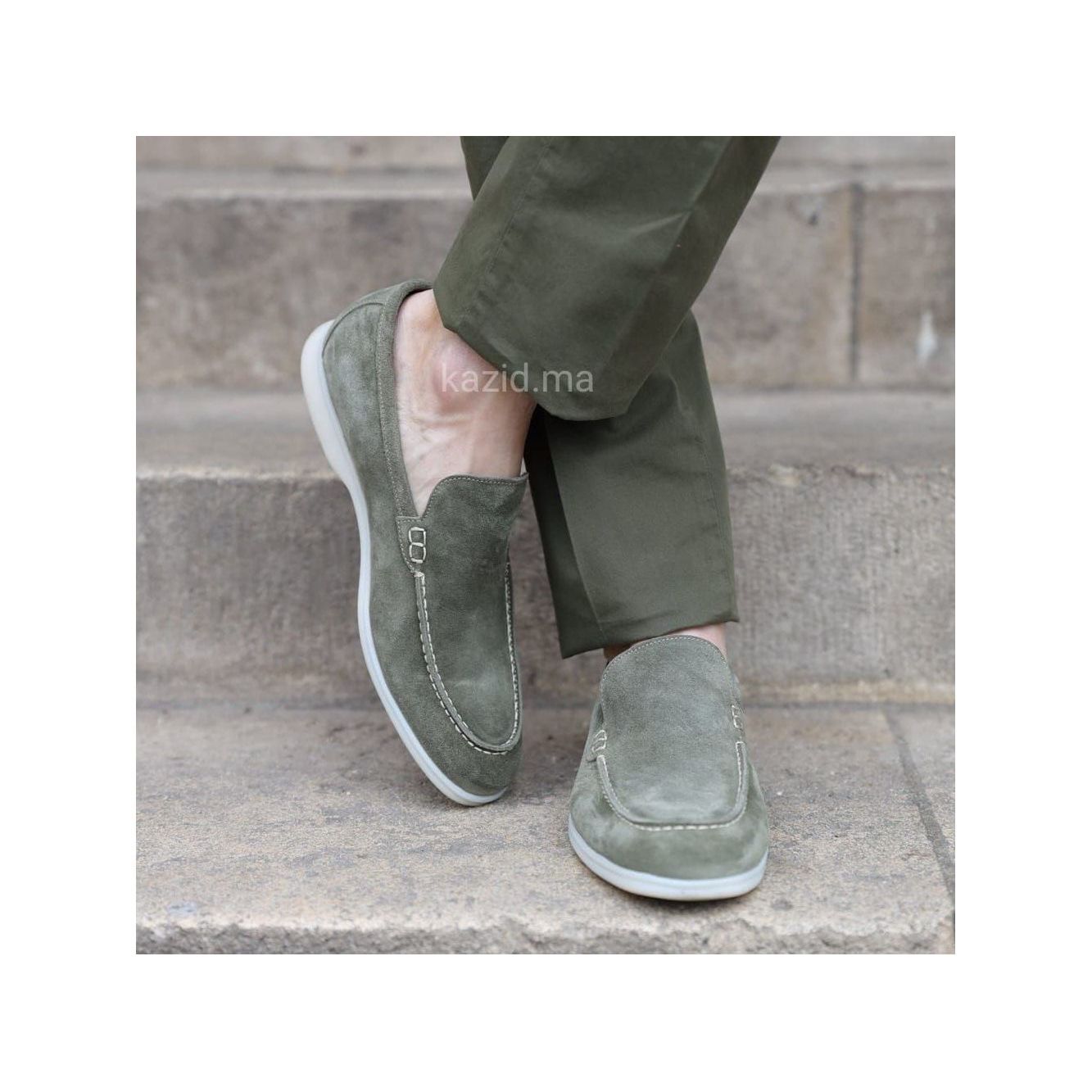 0110 Chaussures Homme Mocassins sports en cuir daim kaki