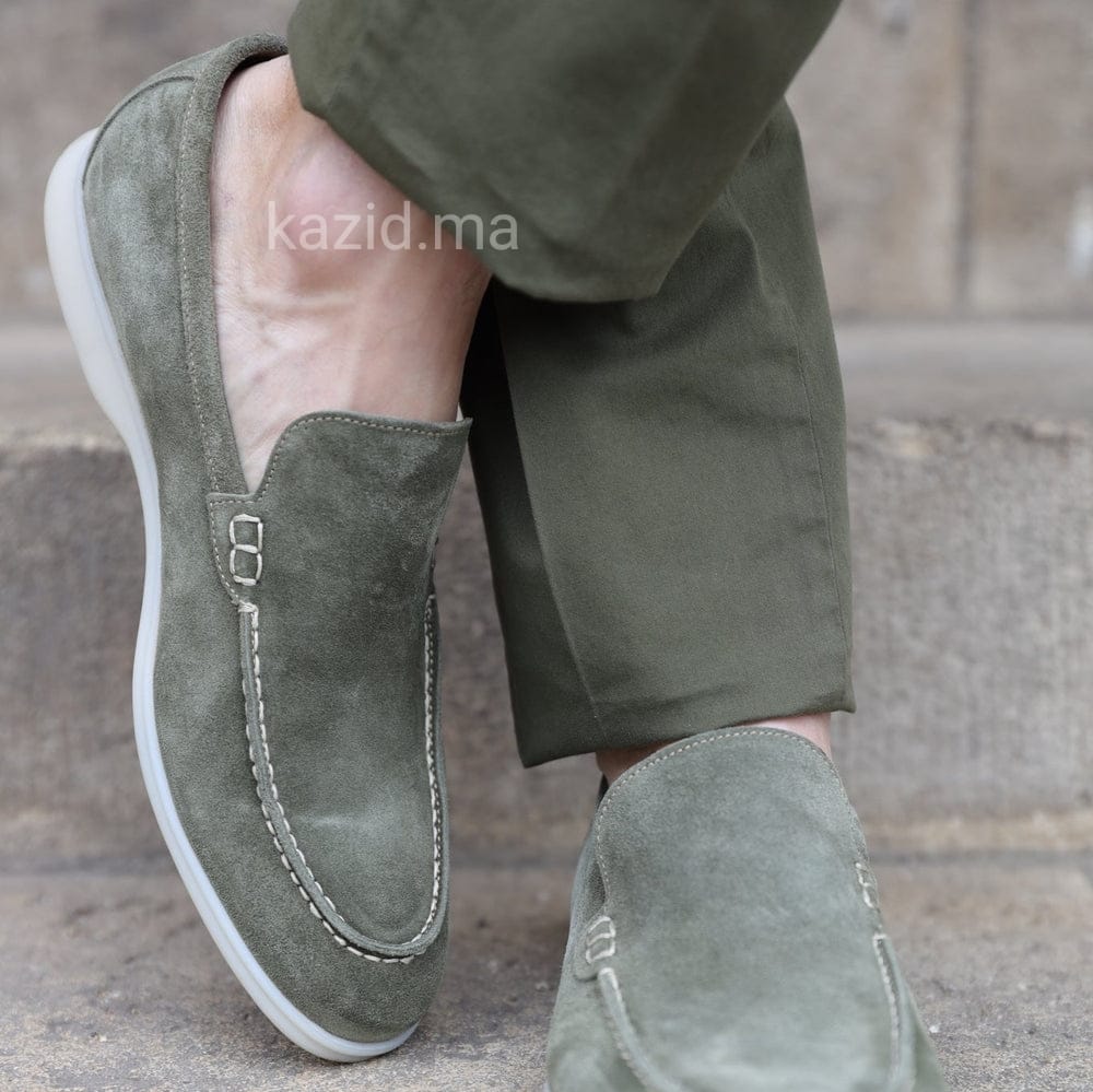 0110 Chaussures Homme Mocassins sports en cuir daim kaki