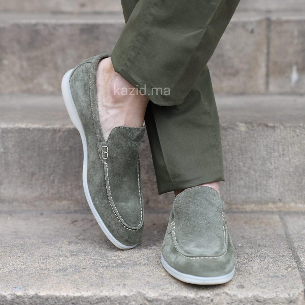 0110 Chaussures Homme Mocassins sports en cuir daim kaki