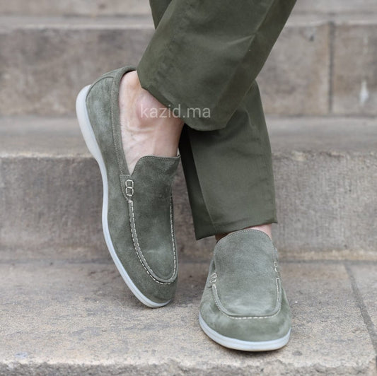 0110 Chaussures Homme Mocassins sports en cuir daim kaki