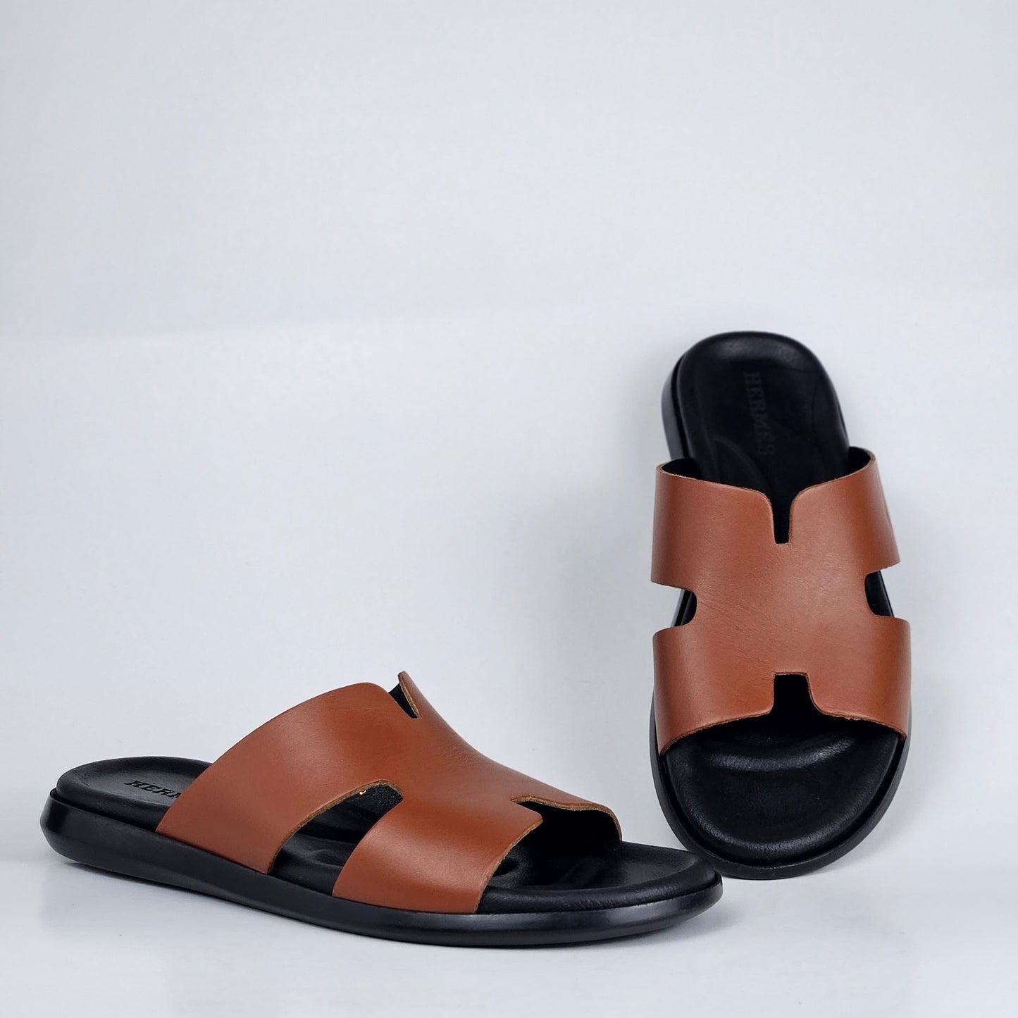 027 sandale confort en cuir homme marron tabac