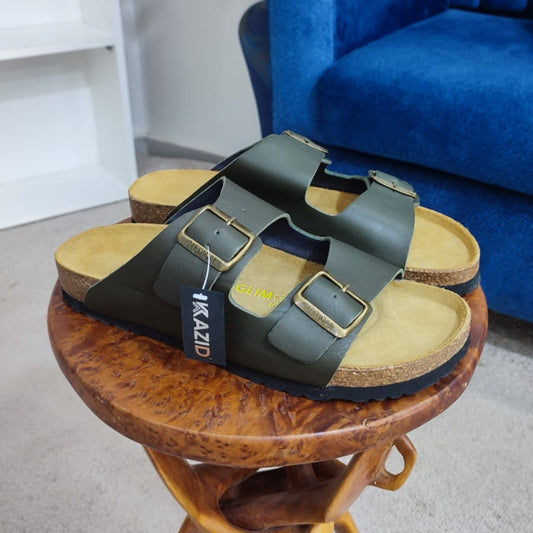 043 sandale confort en cuir homme noir kaki