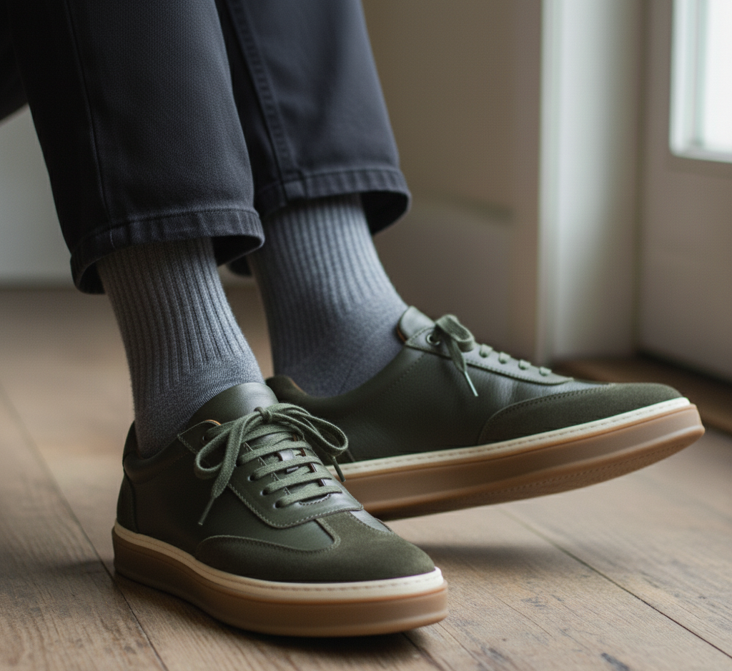 0235 Chaussure Sneaker Homme en cuir  kaki